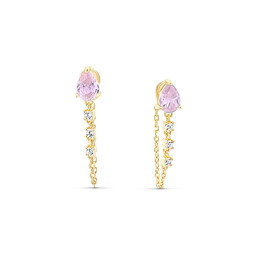 Sterling silver diamond chain earring with pink pear shape stud