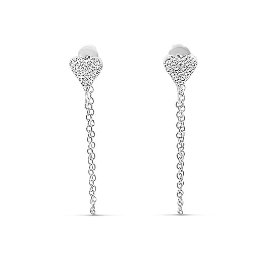 Sterling silver chain earring with pave heart stud