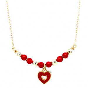 Red and gold pearl bar necklace with open hanging red heart