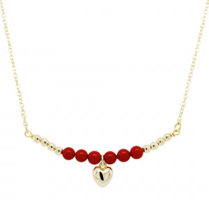 Gold and red pearl beaded bar necklace with hanging puffed heart