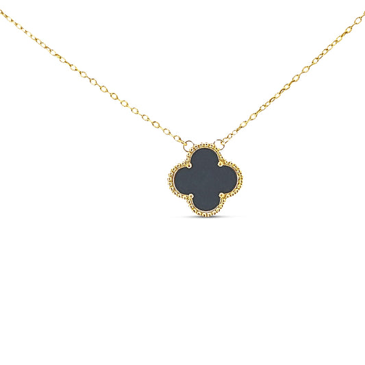 Sterling silver black mother of pearl clover necklace on gold plated chain