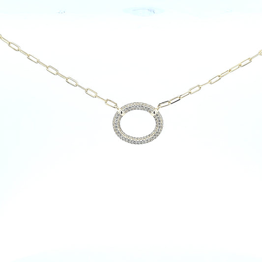 Sterling silver pave oval shape necklace on paperclip chain