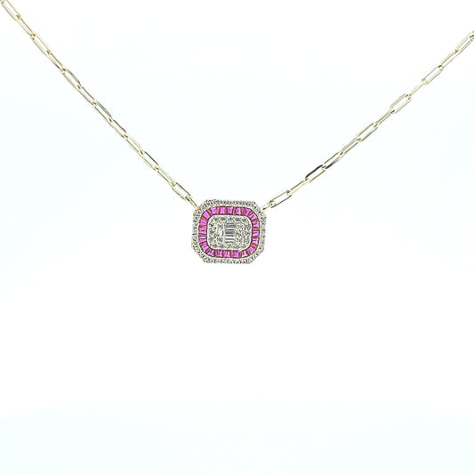 Sterling silver ruby rectangular solitaire pendant on paperclip chain