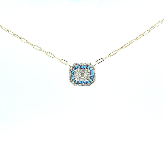 Sterling silver blue rectangular solitaire pendant on paperclip chain