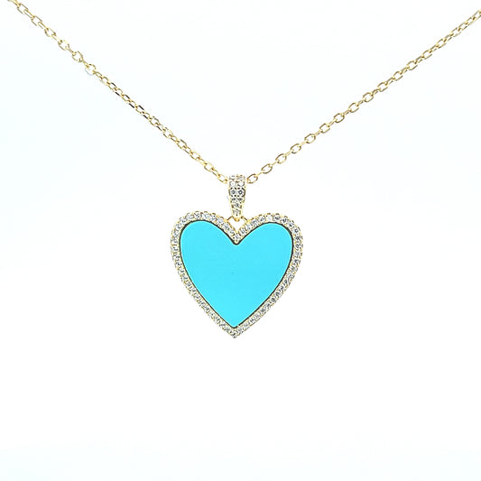 Sterling silver flat heart pendant with turquoise in center