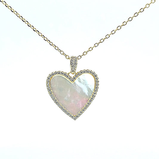 Sterling silver flat heart pendant with white mother of pearl in center