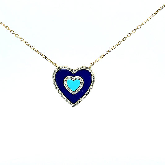 Sterling silver flat heart pendant with lapis and turquoise in center