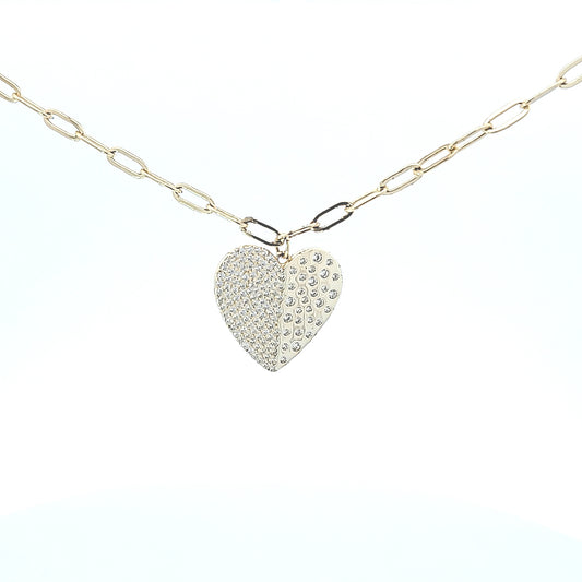 Sterling silver flat heart with scattered cz diamond design on paperclip chain necklace