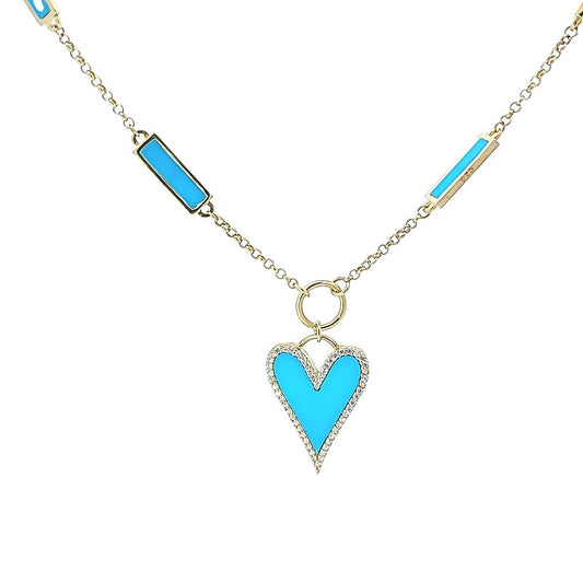 Sterling silver turquoise flat heart necklace with design on chain