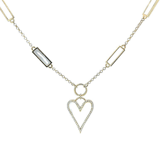 Sterling silver white mother of pearl flat heart necklace with design on chain