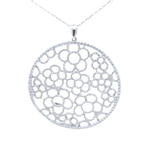 Sterling silver large round pendant with floral design in center