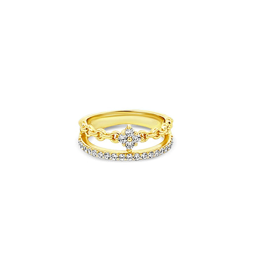 Sterling silver layered ring with cz diamond and gold chain design