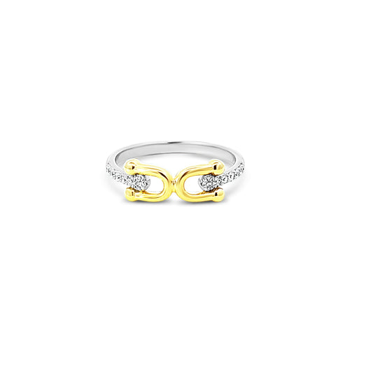 Sterling silver double gold link ring with cz diamonds