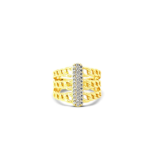 Sterling silver layered gold chain ring with cz diamond bar