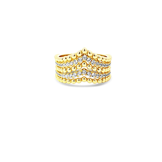 Sterling silver 5 row layered beaded gold and cz diamond link ring