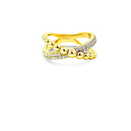 Sterling silver cz diamond and beaded gold crossover ring