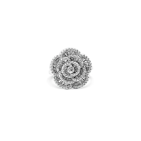 Sterling silver floral ring with baguette cz diamond