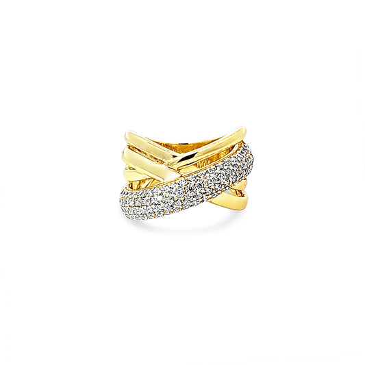 Sterling silver gold crossover with thick cz diamond pave ring