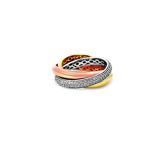 Sterling silver tri color interlocking rings with cz diamond