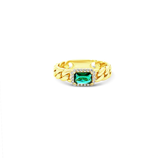 Sterling silver cuban link ring with green emerald in center