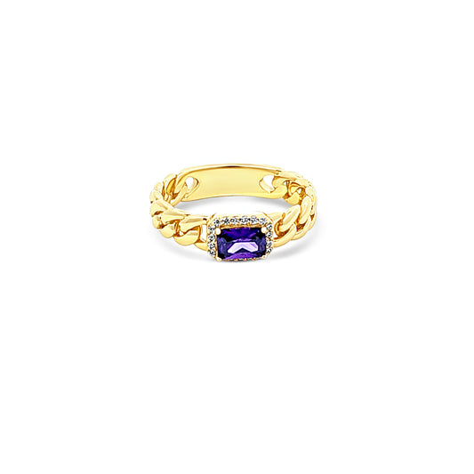 Sterling silver cuban link ring with cz purple amethyst in center