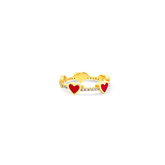 Sterling silver cz diamond band with scattered red hearts