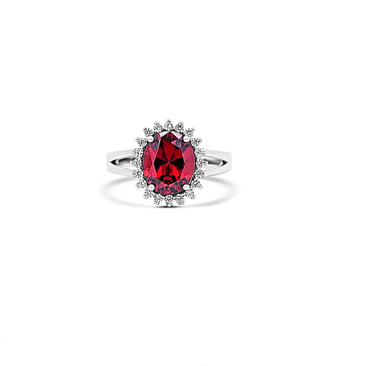 Sterling silver cz ruby ring with diamond halo