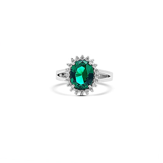 Sterling silver cz emerald ring with diamond halo