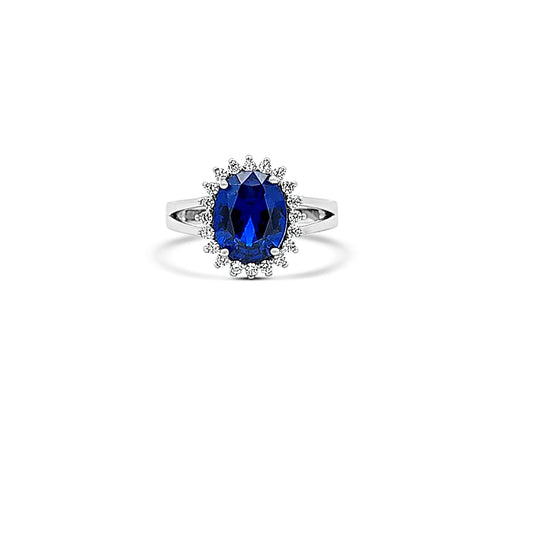 Sterling silver cz sapphire ring with diamond halo