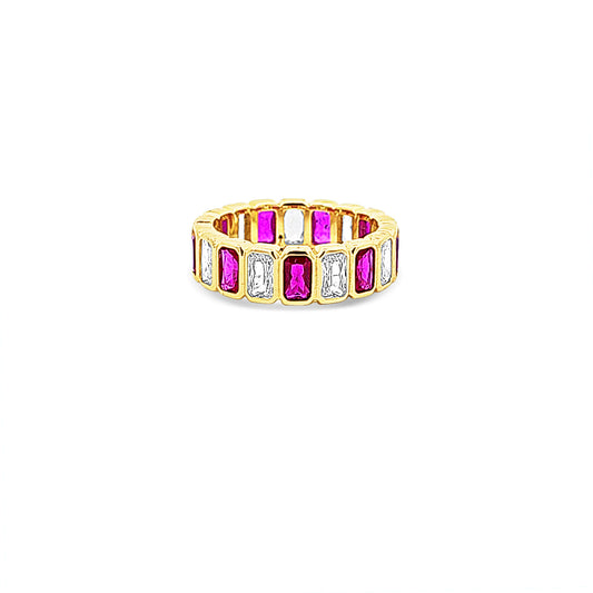 Sterling silver bezel set emerald cut ruby and cz eternity ring