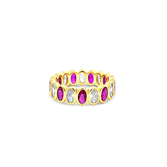 Sterling silver bezel set oval cut ruby and cz eternity ring