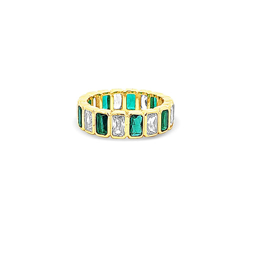 Sterling silver bezel set emerald cut emerald and cz eternity ring