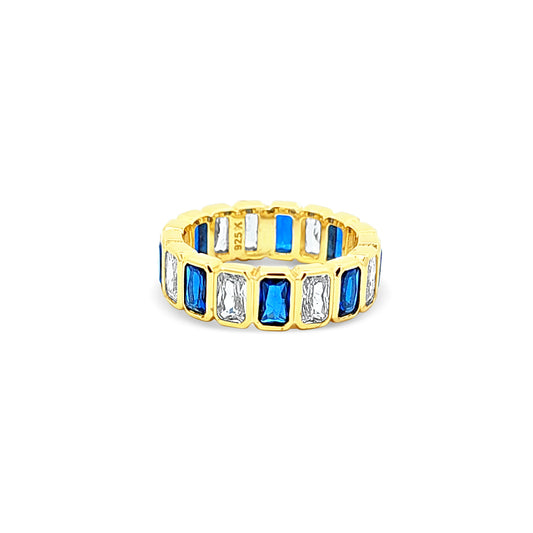 Sterling silver bezel set emerald cut sapphire and cz eternity ring