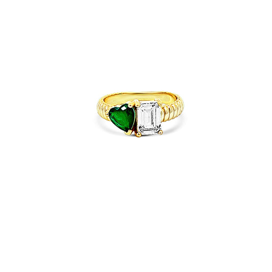 Sterling silver double green emerald and cz diamond emerald ring