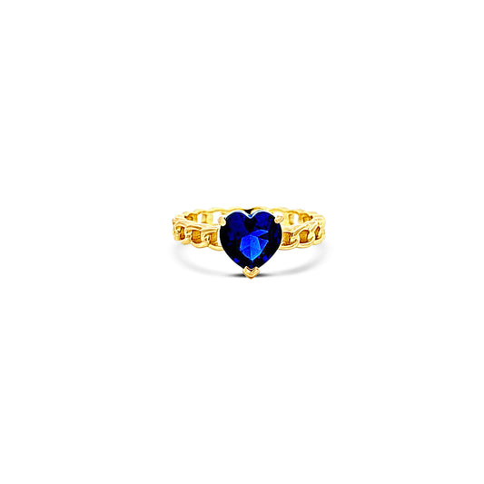 Sterling silver cuban chain link ring with heart shape sapphire in center