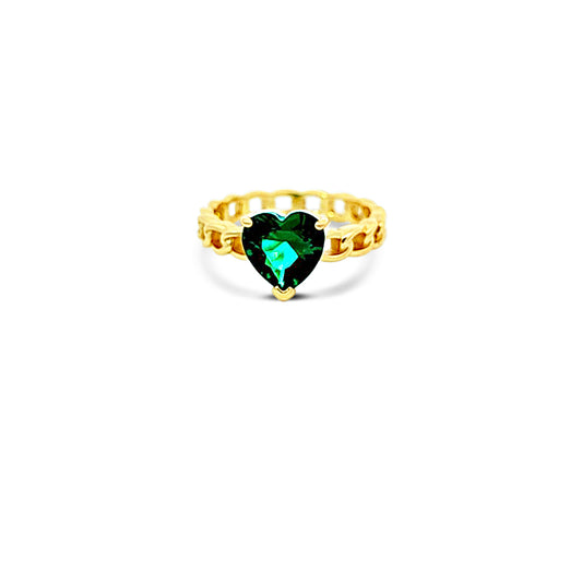 Sterling silver cuban chain link ring with heart shape emerald in center