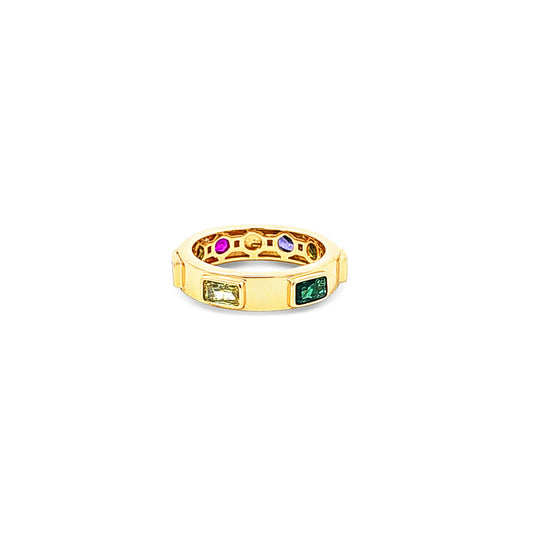 Sterling silver scattered multicolor baguettes on gold band