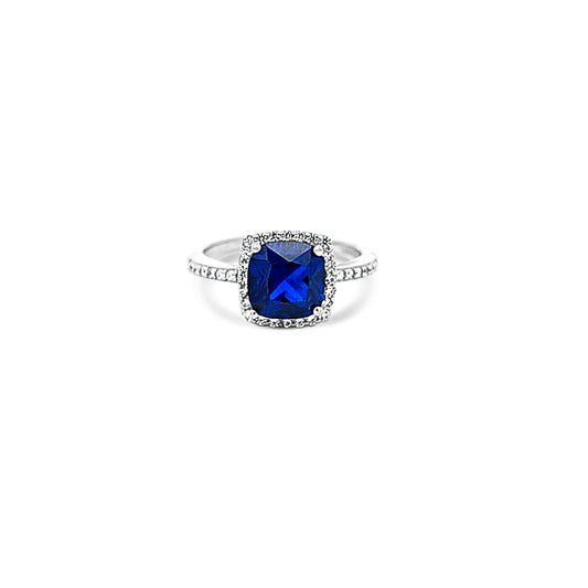 Sterling silver sapphire square ring with cz halo