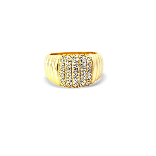 Sterling silver thick gold ribbed ring with cz diamond in center