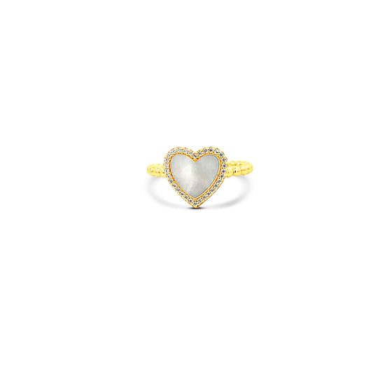 Sterling silver white mother of pearl heart ring with cz halo