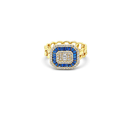 Sterling silver chain ring with sapphire emerald shape in center