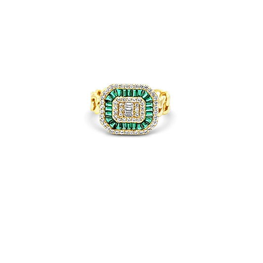 Sterling silver chain ring with green emerald shape in center