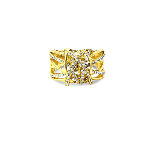 Sterling silver large wave ring with gold and cz diamond